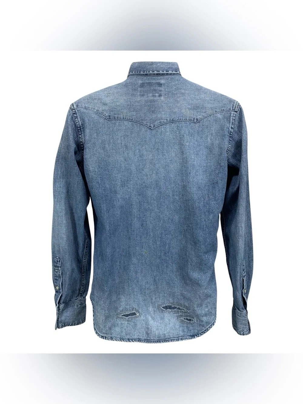 Polo Ralph Lauren Men Small Denim Western Pearl Snap Button Shirt‎ Distressed